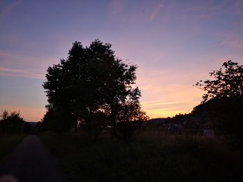 Silhouette trees on field against sky at sunset