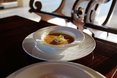 Close-up of soup in bowl on table