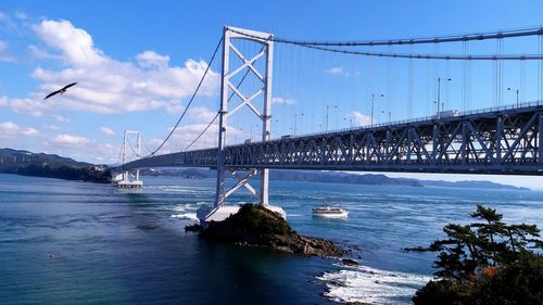 View of suspension bridge over river