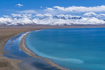 Scenic view of lake by snowcapped mountains against sky