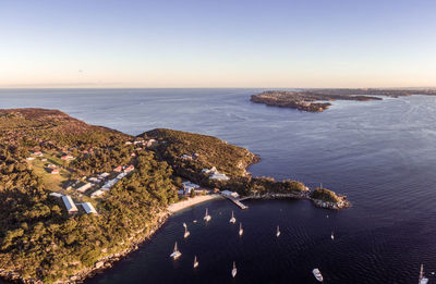 Aerial drone evening view of historical north head quarantine station in manly, -sydney, australia