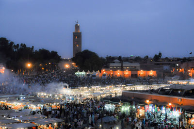 High angle view of illuminated buildings at night