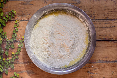 High angle view of ice cream in bowl on table