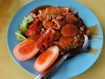 High angle view of breakfast served in plate