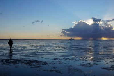 Silhouette person on beach against sky during sunset