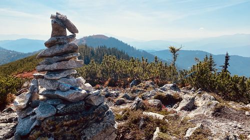 Stack of rocks against sky