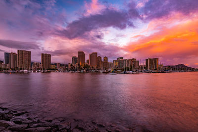 Sea by buildings against sky during sunset