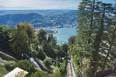 High angle view of trees in city against sky