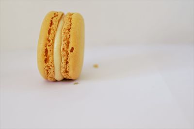 Close-up of cake on table against white background