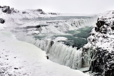 Scenic view of waterfall against sky during winter