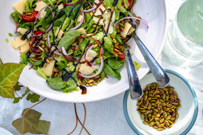 High angle view of salad in plate on table