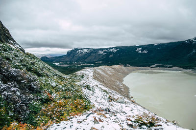 Glacial lake with mountaing range in the background