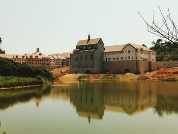 Reflection of buildings in water against clear sky