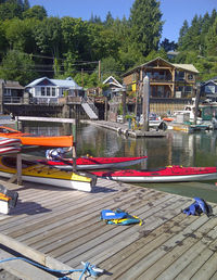 Boats moored by lake against trees