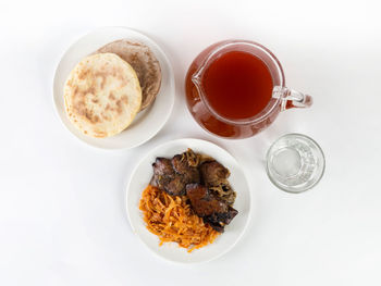 High angle view of breakfast served on table