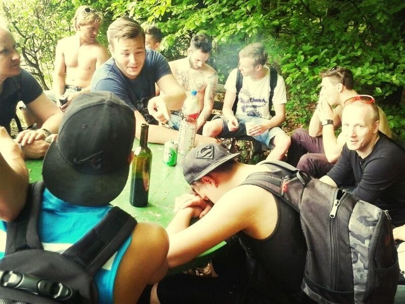 togetherness, lifestyles, leisure activity, bonding, casual clothing, friendship, men, love, sitting, person, standing, high angle view, large group of people, boys, side by side, smiling, young men