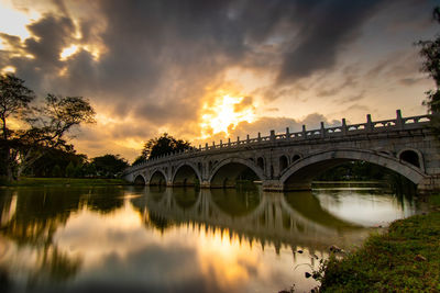 Bridge over river against sky during sunset
