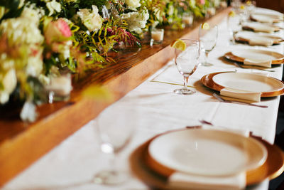 High angle view of plates on table