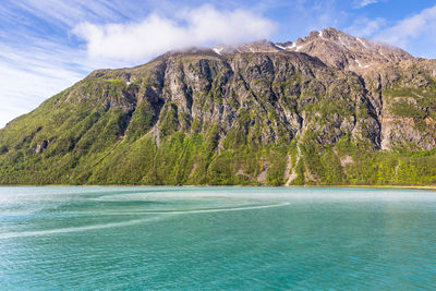 Scenic view of sea and mountains against sky