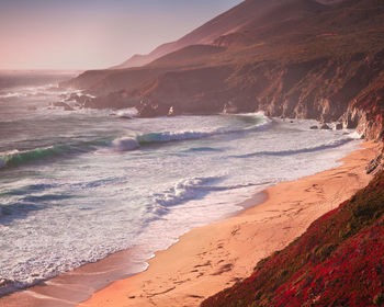 Scenic view of beach against sky during sunset