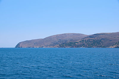 Scenic view of sea against clear blue sky