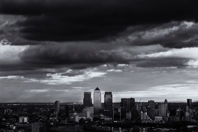 Modern cityscape against cloudy sky