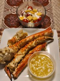High angle view of meal served on table