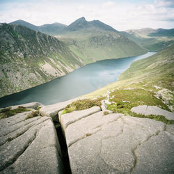 Scenic view of river by mountains against sky