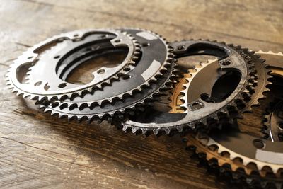 Close-up of gears on table