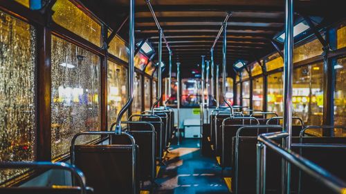 Interior of cable car at night during monsoon