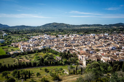 High angle shot of townscape against sky