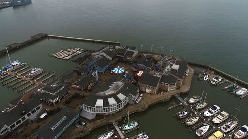 High angle view of swimming pool by sea