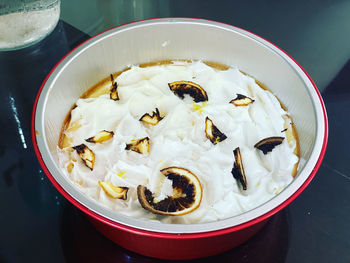 High angle view of food in bowl on table