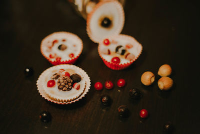 High angle view of cupcakes on table