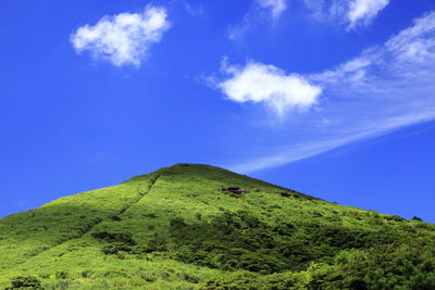 Low angle view of mountain against blue sky