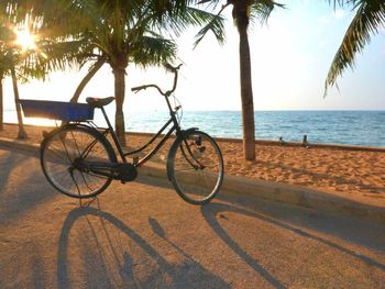 Bicycle by palm trees on beach against sky