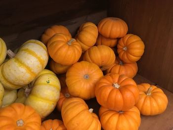 High angle view of pumpkins for sale at market stall