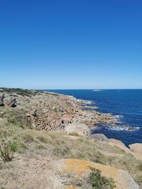 Scenic view of sea against clear blue sky