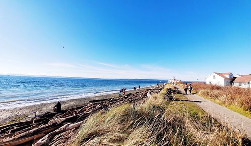 Scenic view of sea against clear blue sky