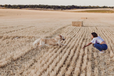 Mid adult woman with dog on agricultural field