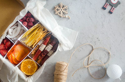 High angle view of food on table