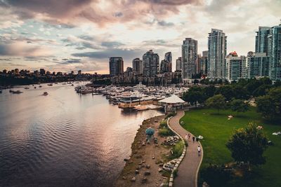 Panoramic view of city buildings against sky during sunset