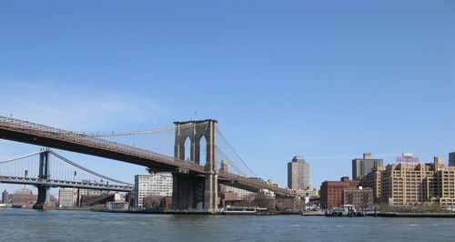 View of suspension bridge over river