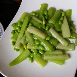 High angle view of chopped vegetables in plate