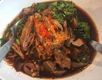High angle view of meat in plate