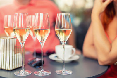 Close-up of beer glass on table