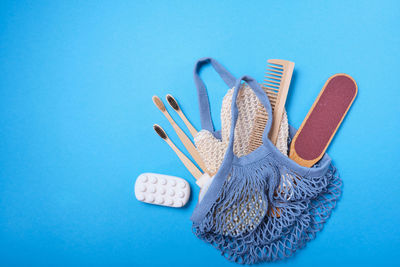 Close-up of stuffed toy against blue background