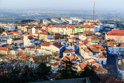 High angle shot of townscape against sky