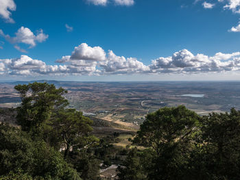 High angle view of trees on landscape against sky