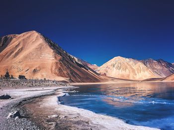 Scenic view of lake and mountains against clear blue sky